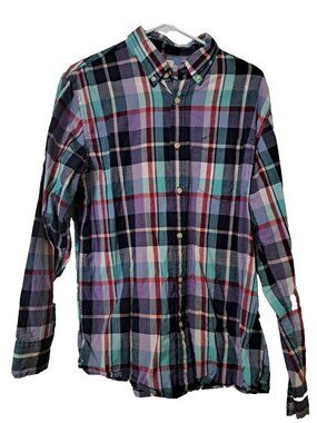 Sonoma Mens Plaid Shirt Button Down Long Sleeve Blue Purple Medium Pastel